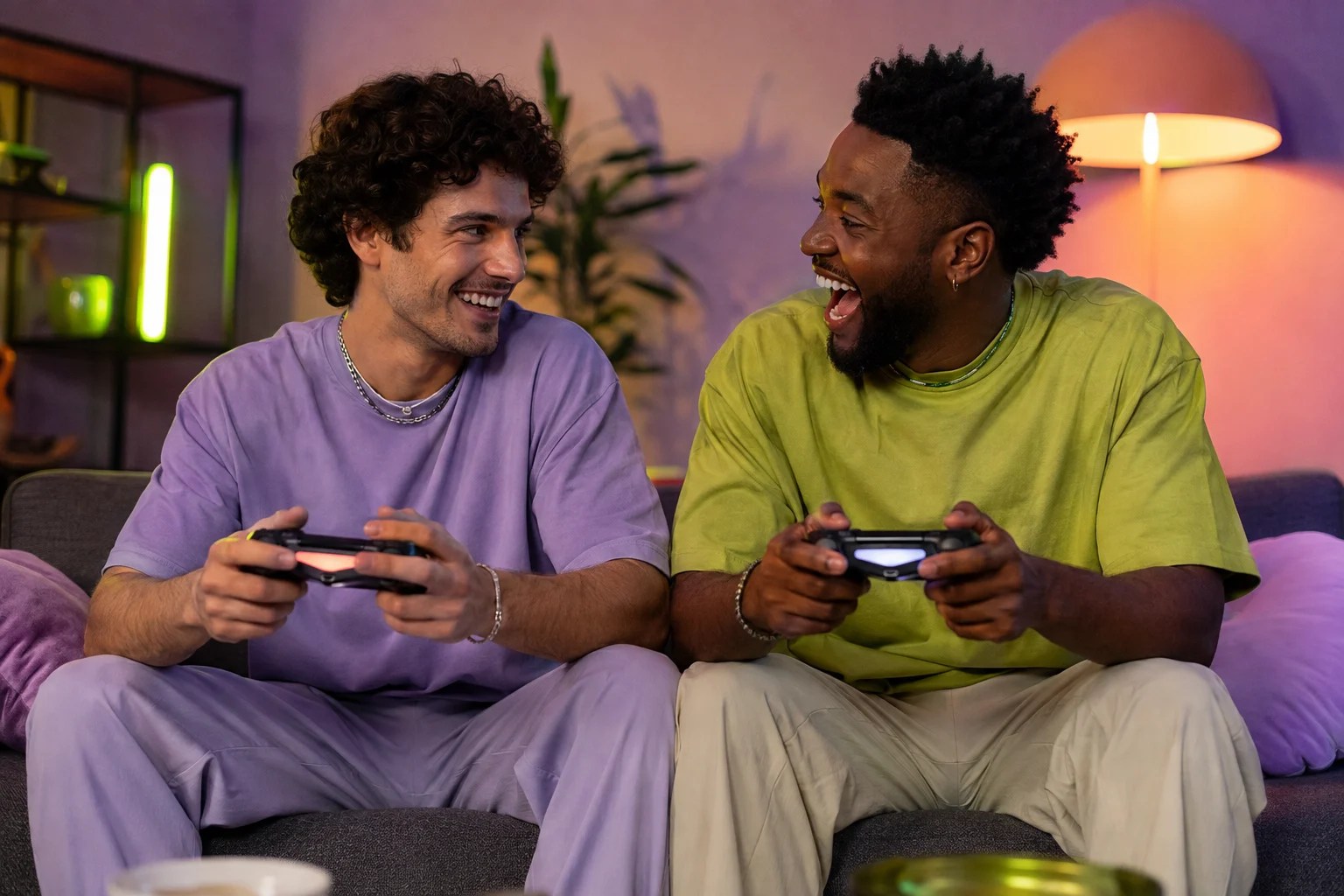 Two adult friends laughing together while playing a console game on the couch