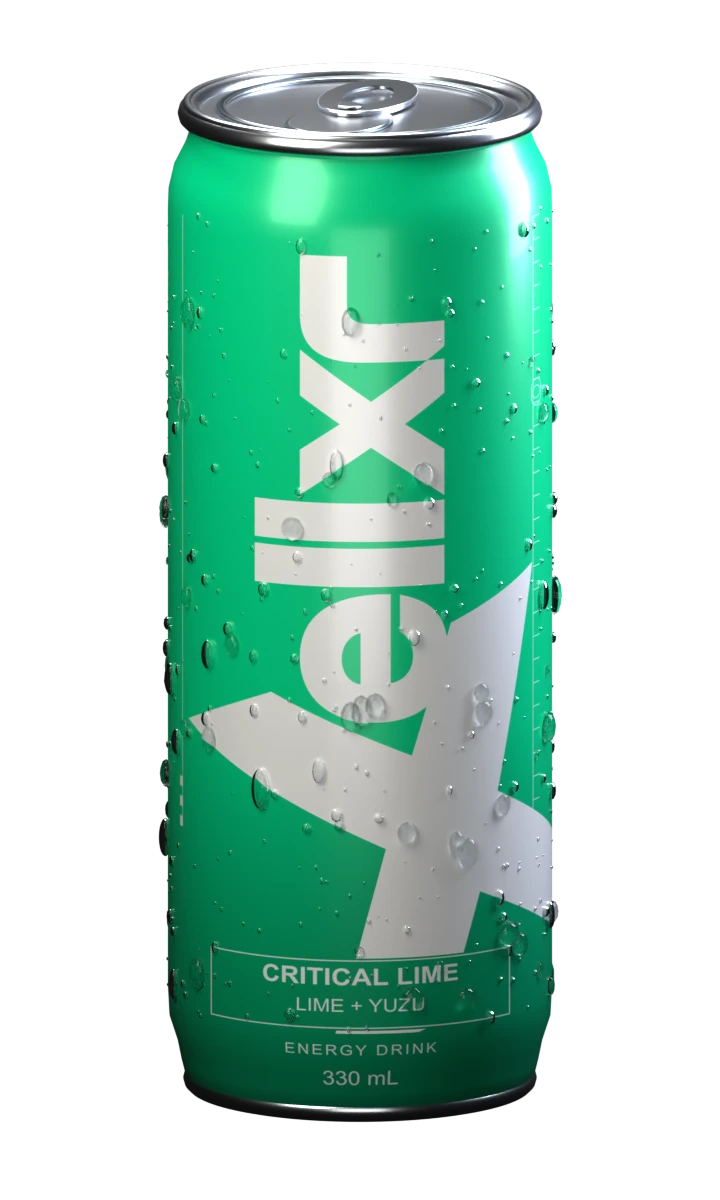 Neon mint Critical Lime can with a white ellxr wordmark and large white x, metal rims and condensation